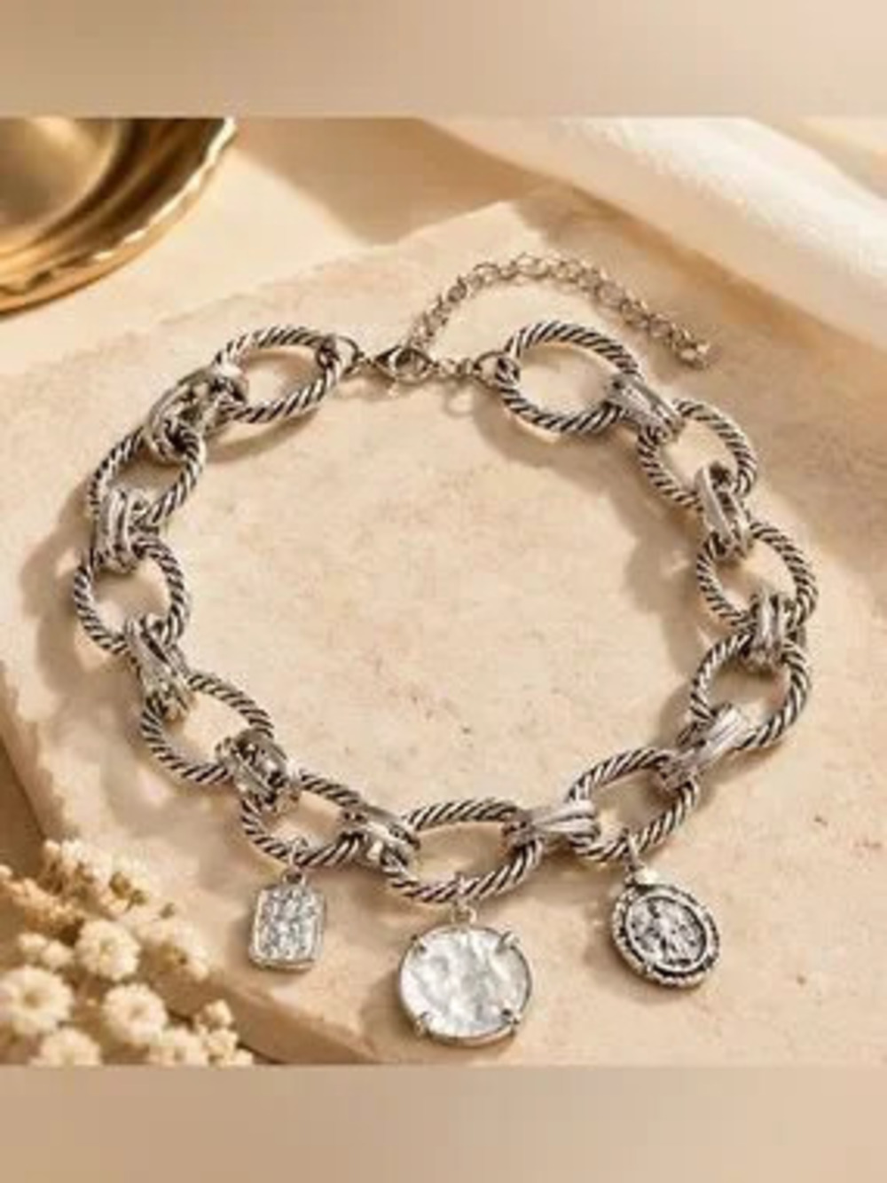 Sculptural Silver Rope Link Charm Necklace